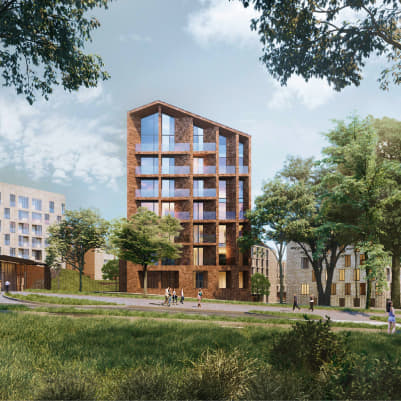 Tерракотовый кирпич части зданий созвучен с корпусами цехов исторического трамвайно-троллейбусного депо